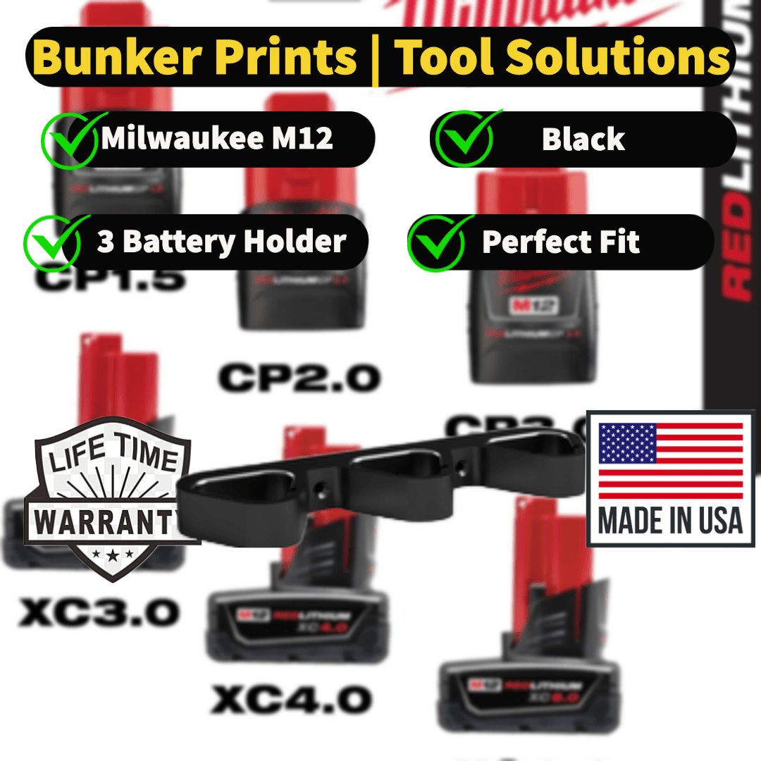 Milwaukee 12V Battery Holder | Milwaukee Battery Mount 12V | Milwaukee Battery | Milwaukee M12 Battery Rack - Bunker Prints